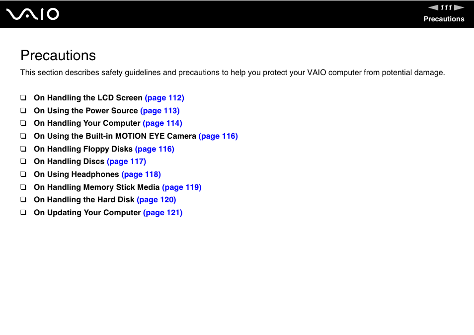 Precautions | Sony VGC-LS30 User Manual | Page 111 / 171