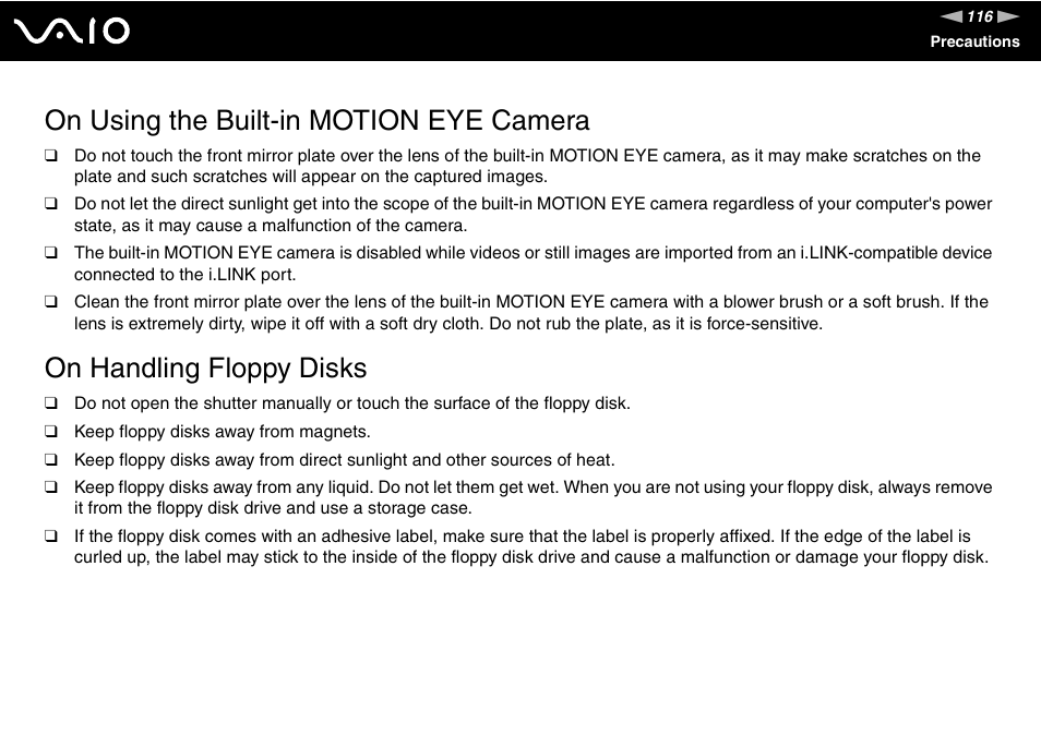 On using the built-in motion eye camera, On handling floppy disks | Sony VGC-LS30 User Manual | Page 116 / 171