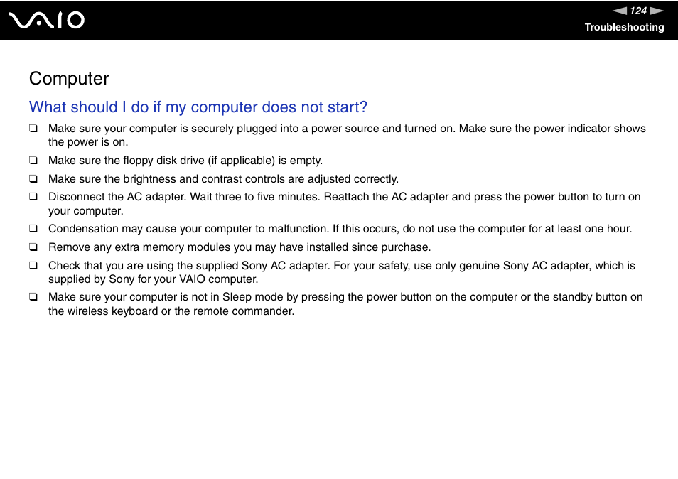 Computer, What should i do if my computer does not start | Sony VGC-LS30 User Manual | Page 124 / 171