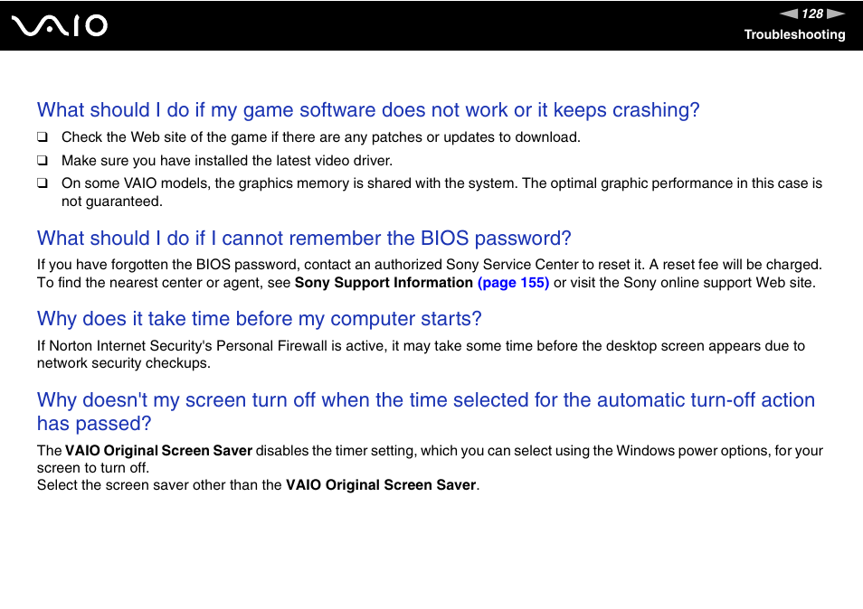 Why does it take time before my computer starts | Sony VGC-LS30 User Manual | Page 128 / 171