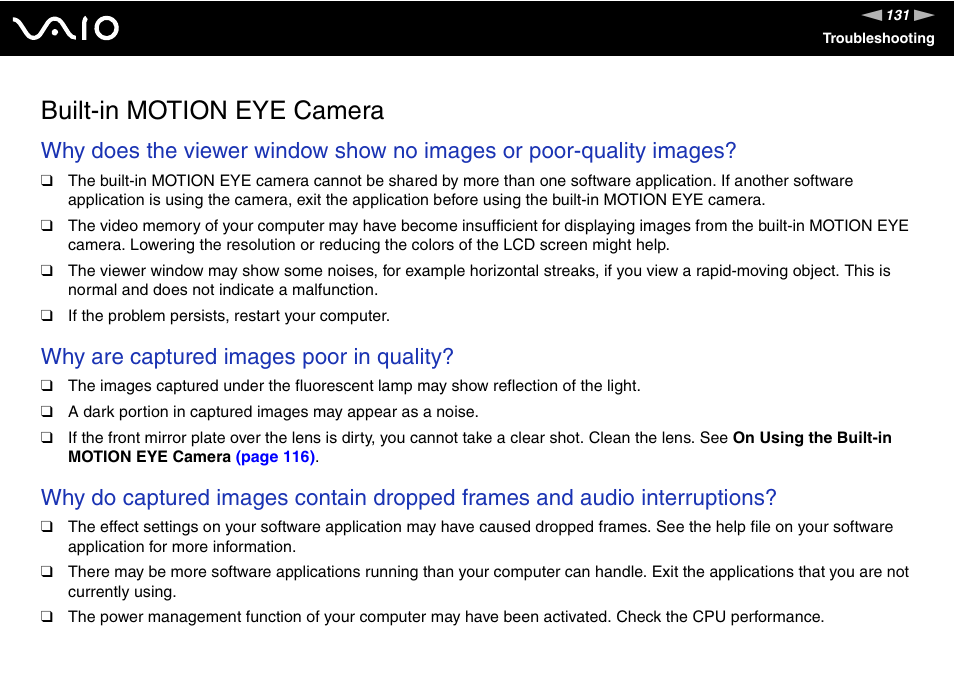 Built-in motion eye camera, Why are captured images poor in quality | Sony VGC-LS30 User Manual | Page 131 / 171