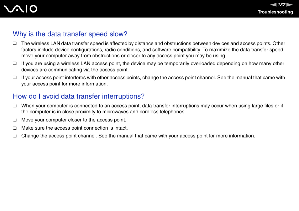 Why is the data transfer speed slow, How do i avoid data transfer interruptions | Sony VGC-LS30 User Manual | Page 137 / 171