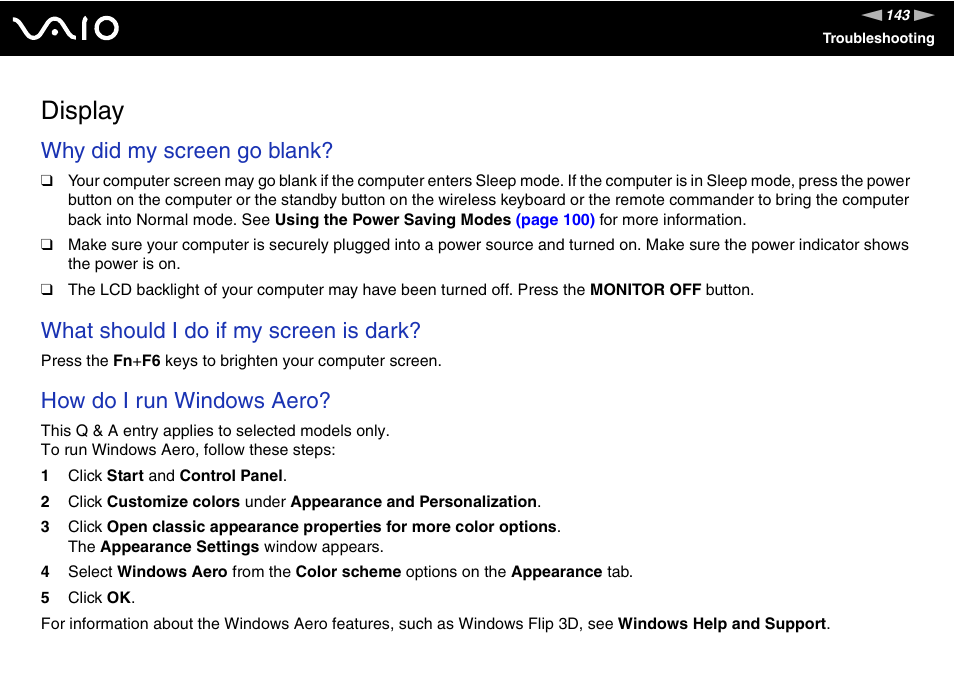 Display, Why did my screen go blank, What should i do if my screen is dark | How do i run windows aero | Sony VGC-LS30 User Manual | Page 143 / 171