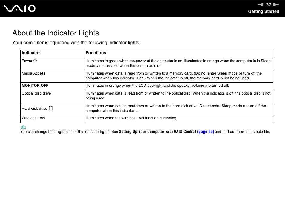 About the indicator lights | Sony VGC-LS30 User Manual | Page 16 / 171