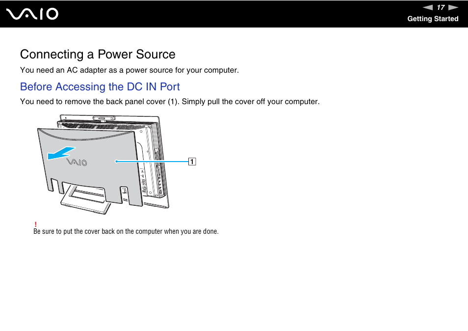 Connecting a power source, Before accessing the dc in port | Sony VGC-LS30 User Manual | Page 17 / 171