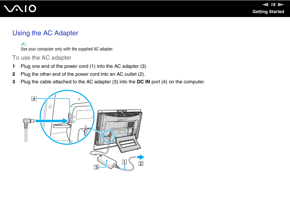 Using the ac adapter | Sony VGC-LS30 User Manual | Page 18 / 171