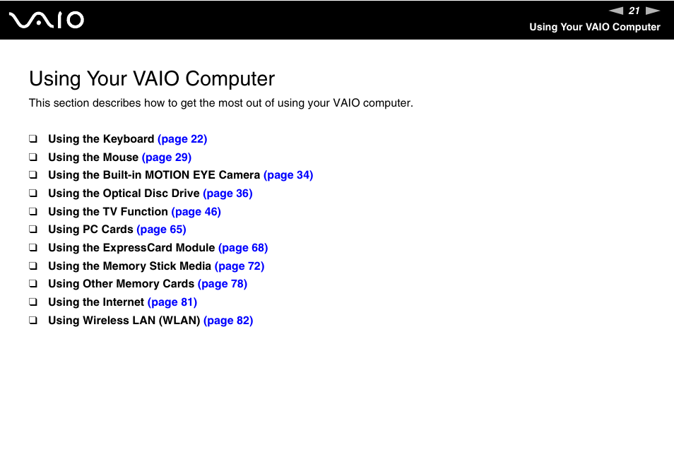 Using your vaio computer | Sony VGC-LS30 User Manual | Page 21 / 171