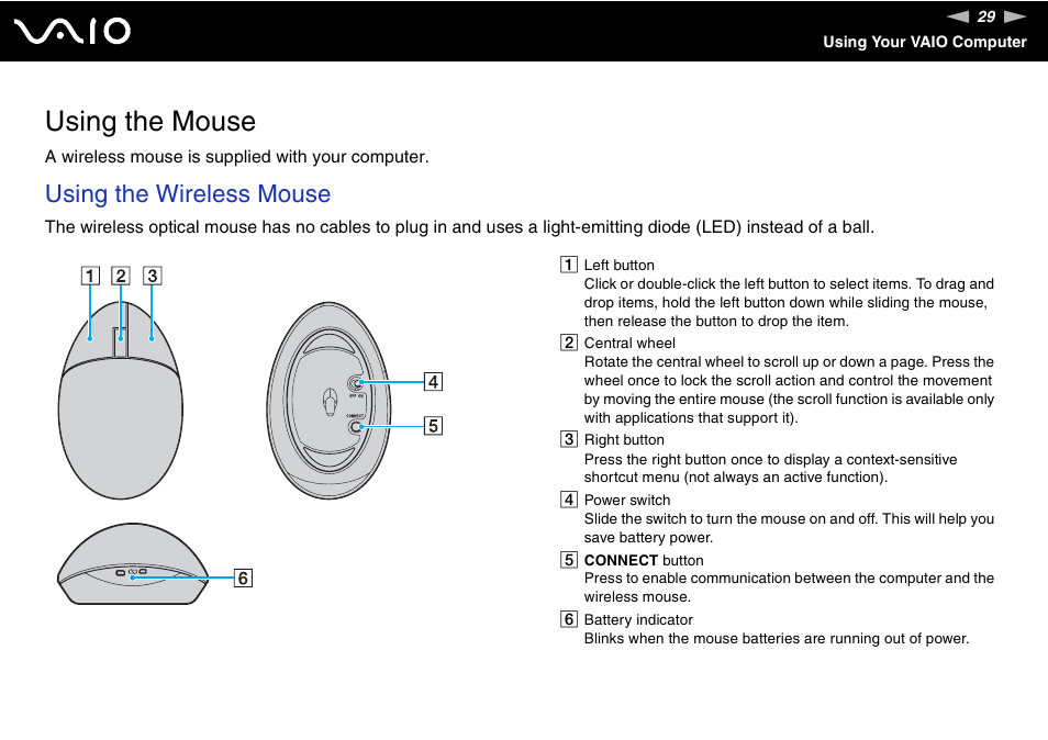 Using the mouse, Using the wireless mouse | Sony VGC-LS30 User Manual | Page 29 / 171