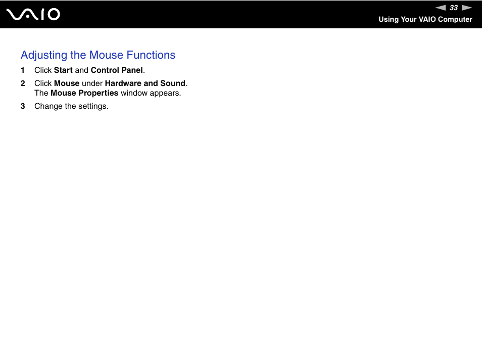 Adjusting the mouse functions | Sony VGC-LS30 User Manual | Page 33 / 171