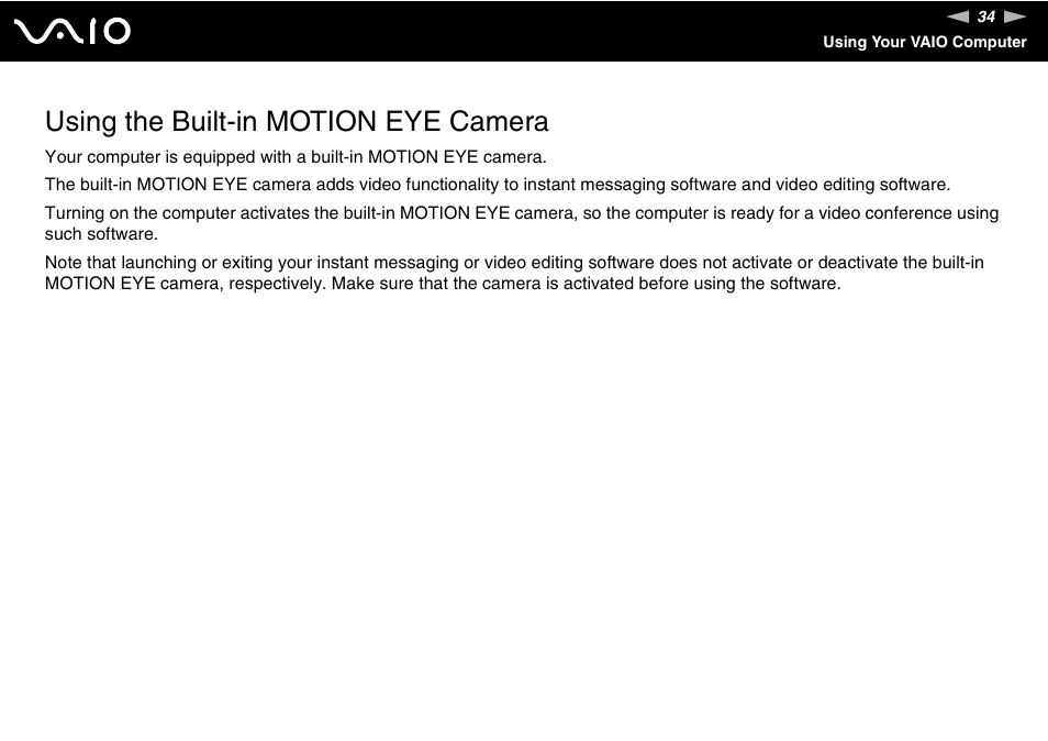 Using the built-in motion eye camera | Sony VGC-LS30 User Manual | Page 34 / 171