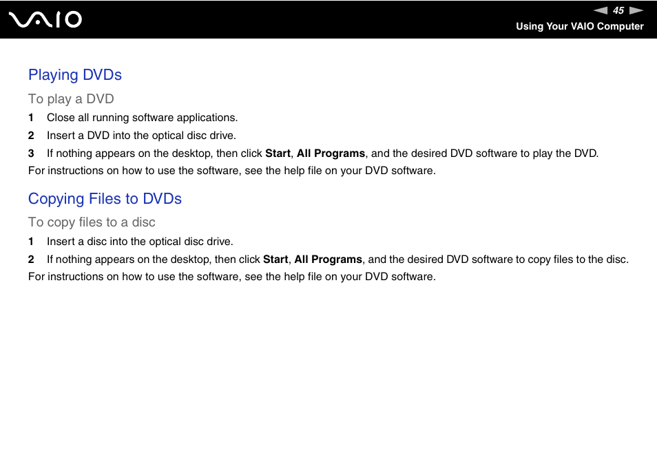 Playing dvds, Copying files to dvds | Sony VGC-LS30 User Manual | Page 45 / 171