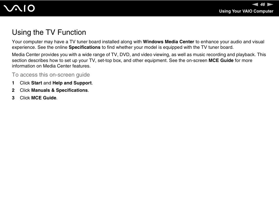 Using the tv function, Tion | Sony VGC-LS30 User Manual | Page 46 / 171