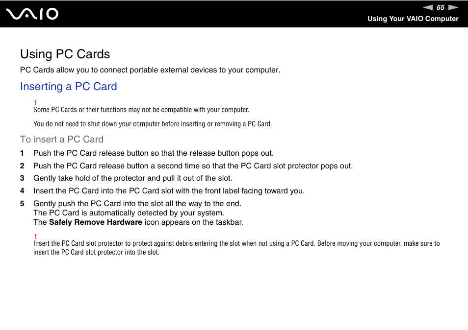 Using pc cards, Inserting a pc card | Sony VGC-LS30 User Manual | Page 65 / 171