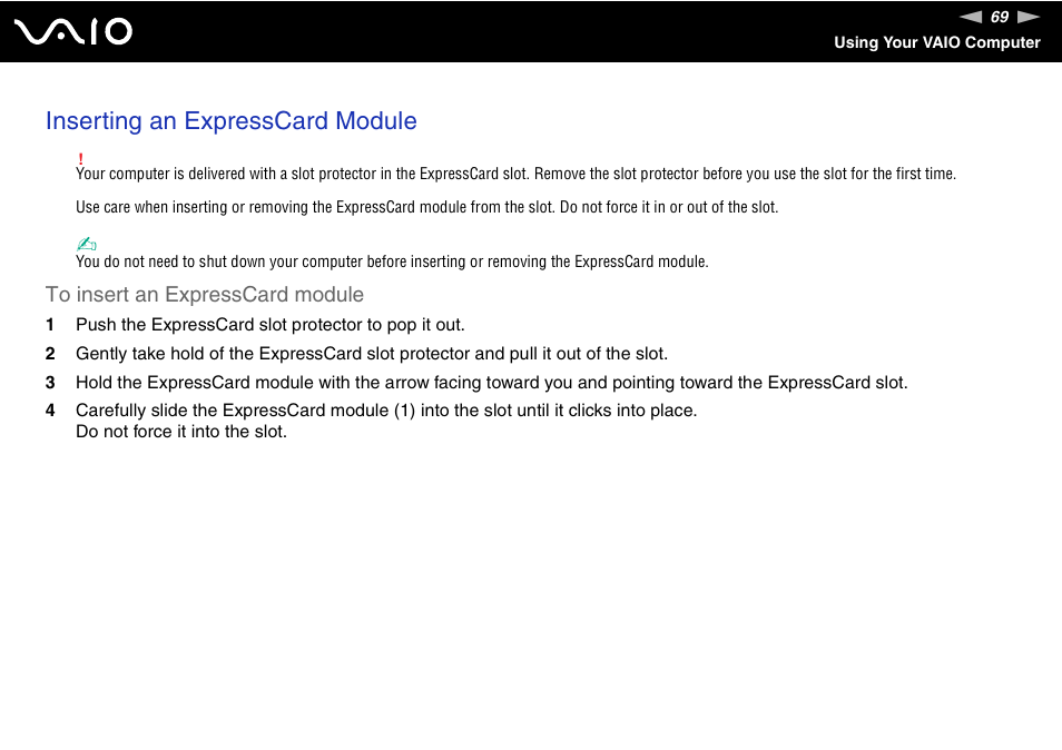 Inserting an expresscard module | Sony VGC-LS30 User Manual | Page 69 / 171