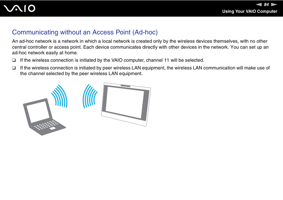 Communicating without an access point (ad-hoc) | Sony VGC-LS30 User Manual | Page 84 / 171