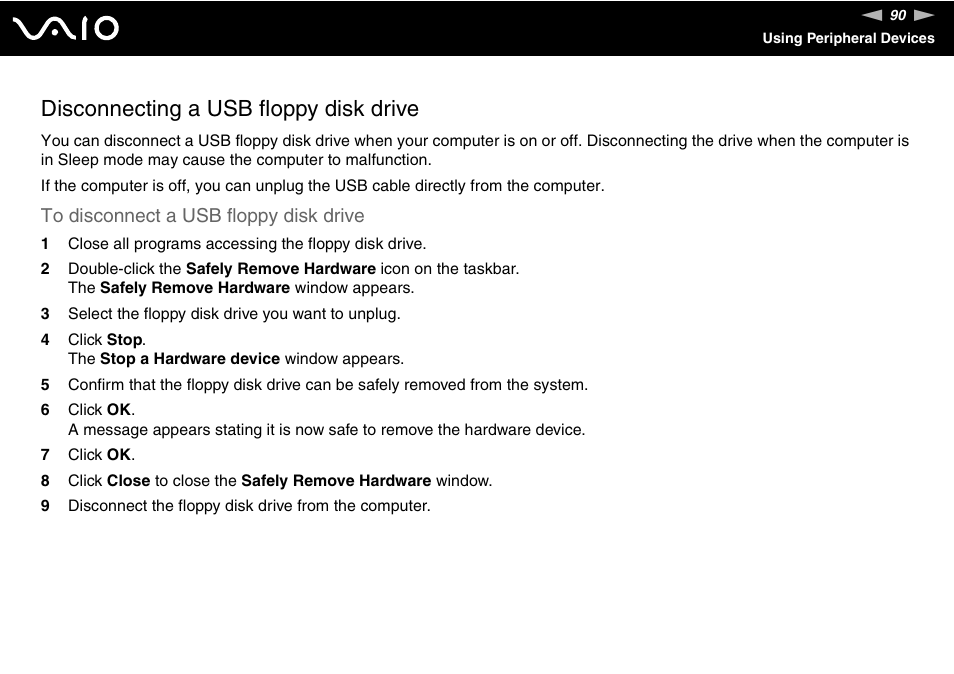 Disconnecting a usb floppy disk drive | Sony VGC-LS30 User Manual | Page 90 / 171