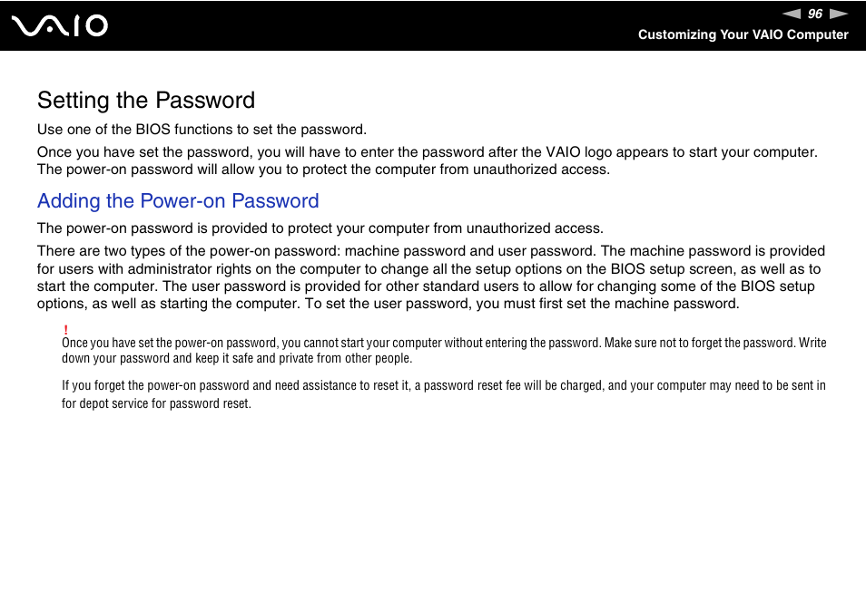 Setting the password, Adding the power-on password | Sony VGC-LS30 User Manual | Page 96 / 171