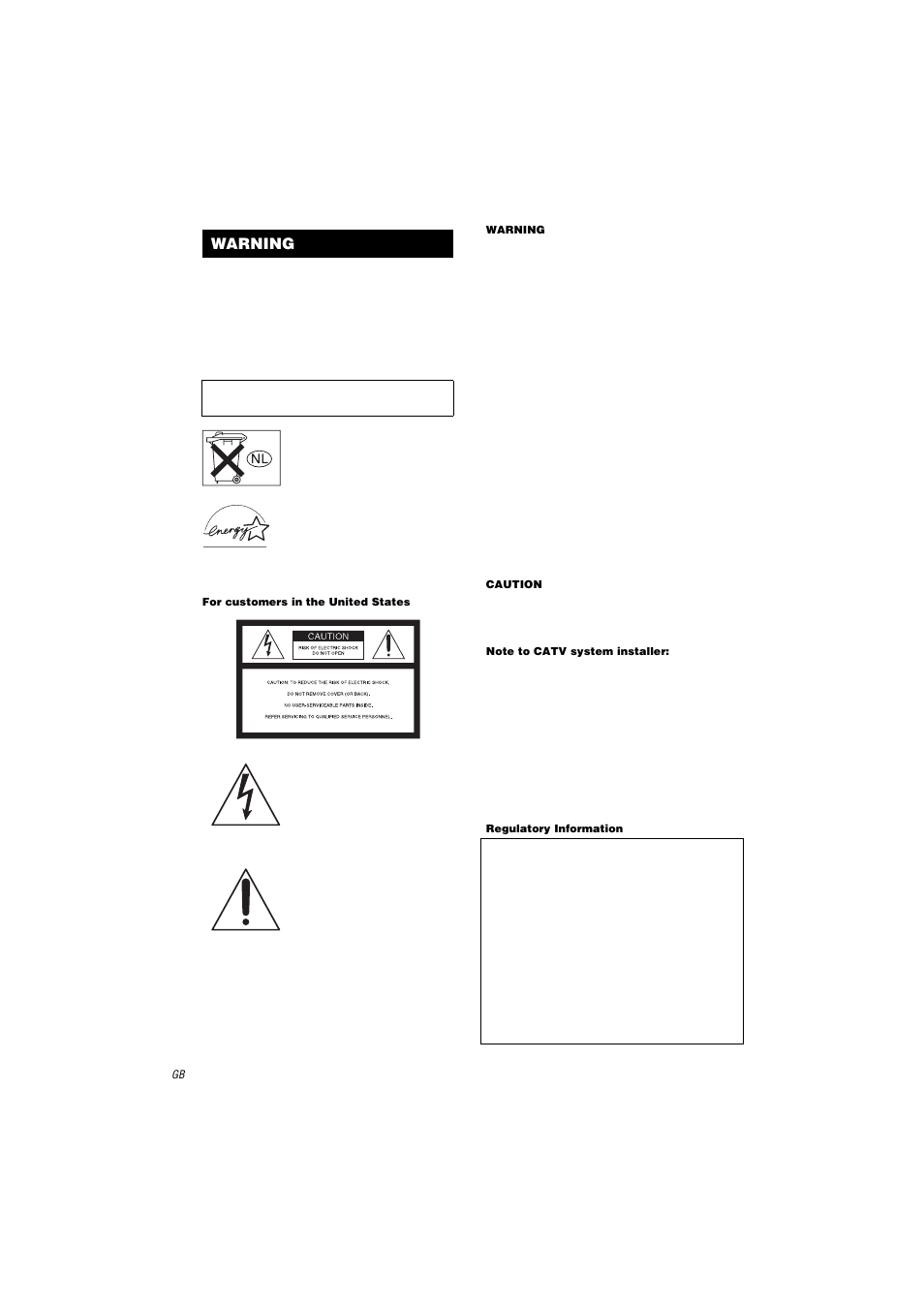 Warning, For customers in the united states, Caution | Note to catv system installer, Regulatory information | Sony STR-DA9000ES User Manual | Page 2 / 68