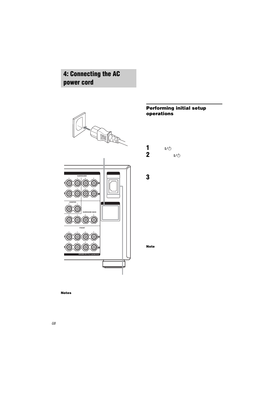 Connecting the ac power cord, Notes, Performing initial setup operations | 1 press ?/1 to turn off the receiver, Note | Sony STR-DA9000ES User Manual | Page 20 / 68