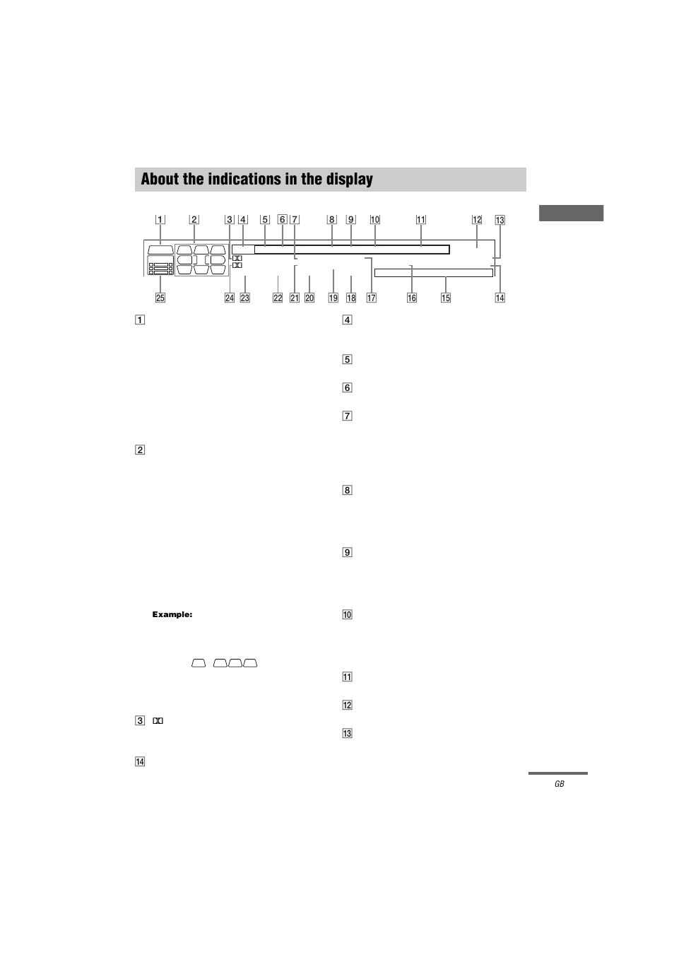 About the indications in the display, Example, L sleep: lights up when sleep timer is activated | N eq: lights up when the equalizer is activated | Sony STR-DA9000ES User Manual | Page 29 / 68