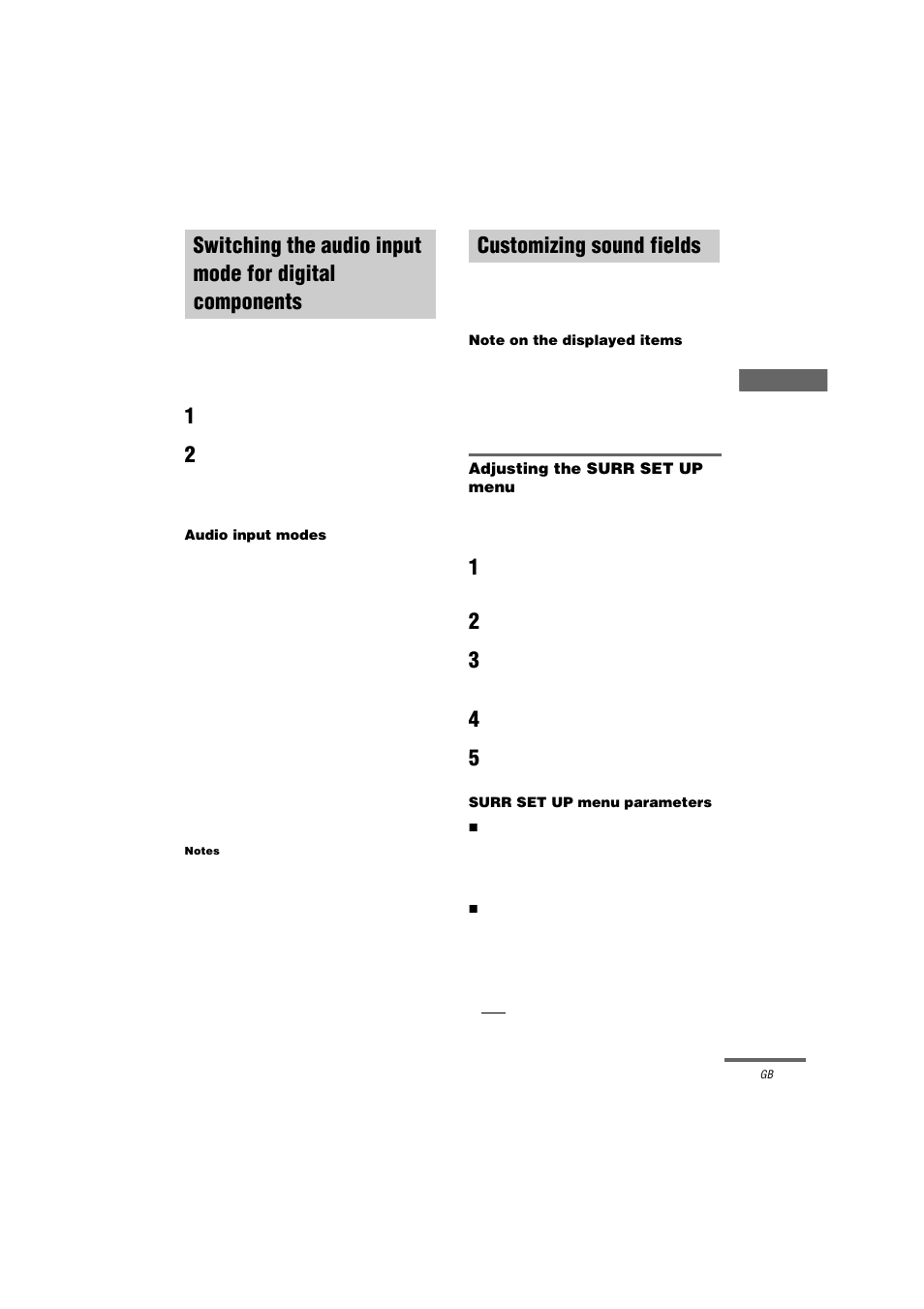 1 rotate input selector to select the input, Audio input modes, Notes | Customizing sound fields, Note on the displayed items, Adjusting the surr set up menu, 2 rotate main menu to select “surr set up, 3 rotate menu to select the parameter, Surr set up menu parameters, X effect level xxx% (effect level) | Sony STR-DA9000ES User Manual | Page 37 / 68