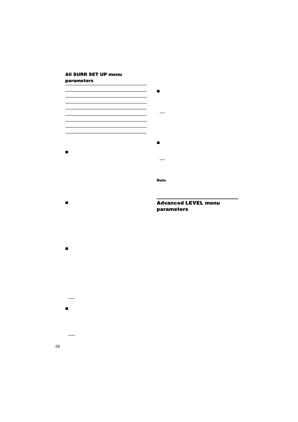 All surr set up menu parameters, X c. width l_c_r (center width control), X dimension f_i_s (dimension control) | X panorama mode (panorama mode), X front reverb (front reverberation), X screen depth (screen depth), X vir.speakers (virtual speakers), Note, Advanced level menu parameters | Sony STR-DA9000ES User Manual | Page 44 / 68