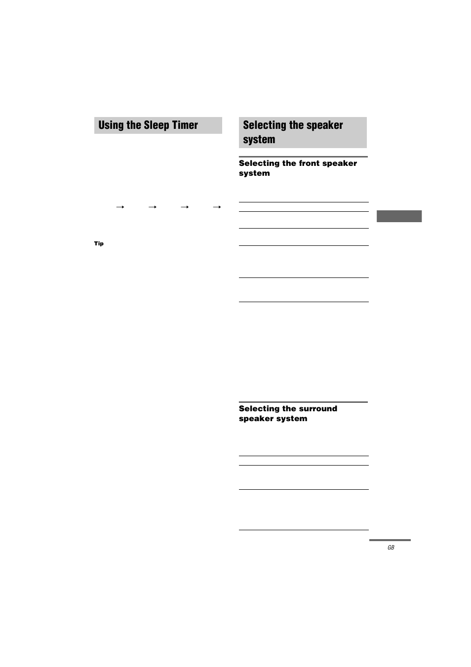 Using the sleep timer, Selecting the speaker system, Selecting the front speaker system | Selecting the surround speaker system, Using the sleep timer selecting the speaker system | Sony STR-DA9000ES User Manual | Page 49 / 68