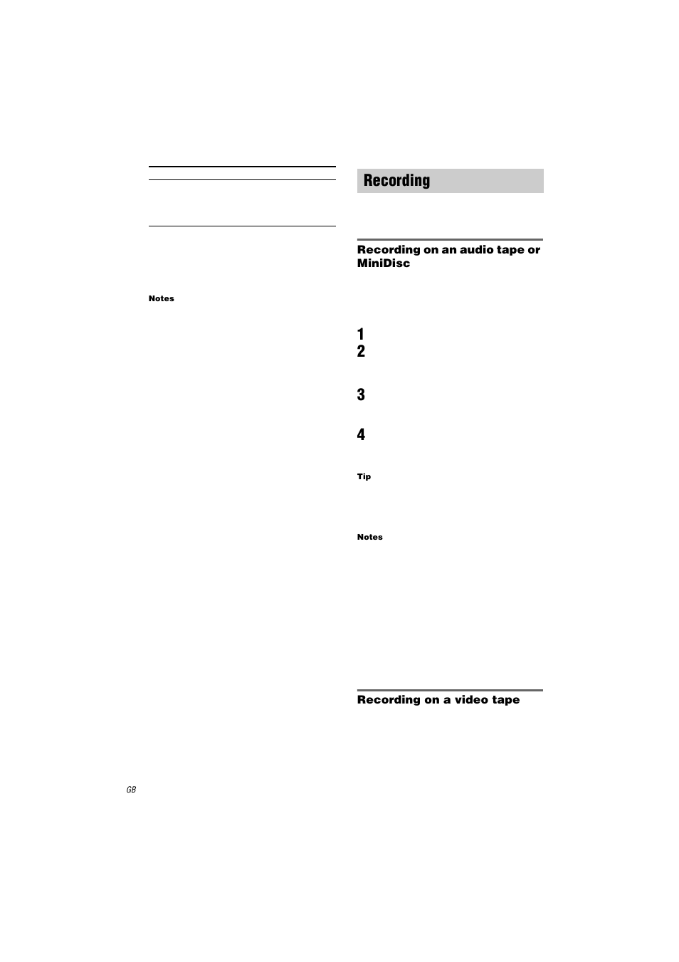 Notes, Recording, Recording on an audio tape or minidisc | 1 select the component to be recorded, 2 prepare the component for playing, Recording on a video tape | Sony STR-DA9000ES User Manual | Page 50 / 68