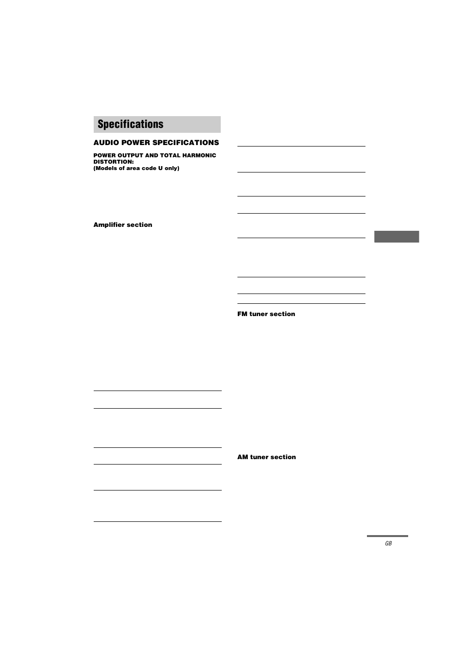 Specifications, Audio power specifications, Amplifier section | 2) input short, 3) weighted network, input level, Fm tuner section, Am tuner section | Sony STR-DA9000ES User Manual | Page 61 / 68