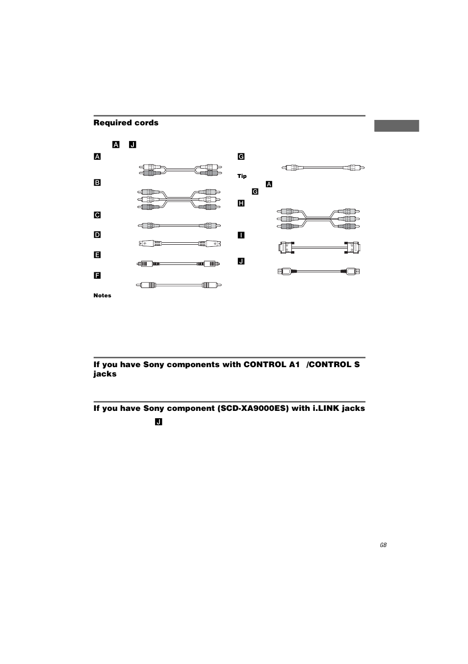 Required cords, A audio cord, B audio/video cord | C video cord, D s-video cord, E optical digital cord, F coaxial digital cord, G monaural audio cord, H component video cord, I dvi cord | Sony STR-DA9000ES User Manual | Page 7 / 68