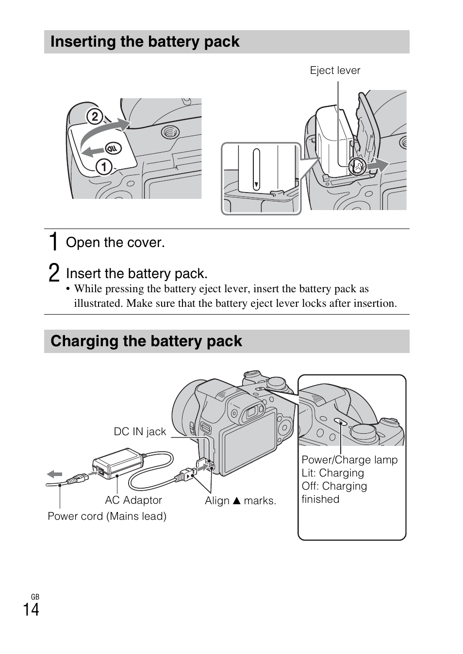 Inserting the battery pack, Charging the battery pack | Sony CYBER-SHOT AC-L200D User Manual | Page 14 / 64