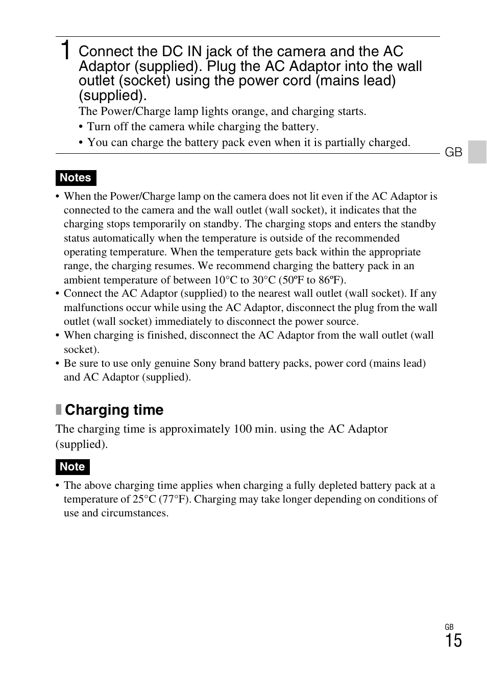 Xcharging time | Sony CYBER-SHOT AC-L200D User Manual | Page 15 / 64