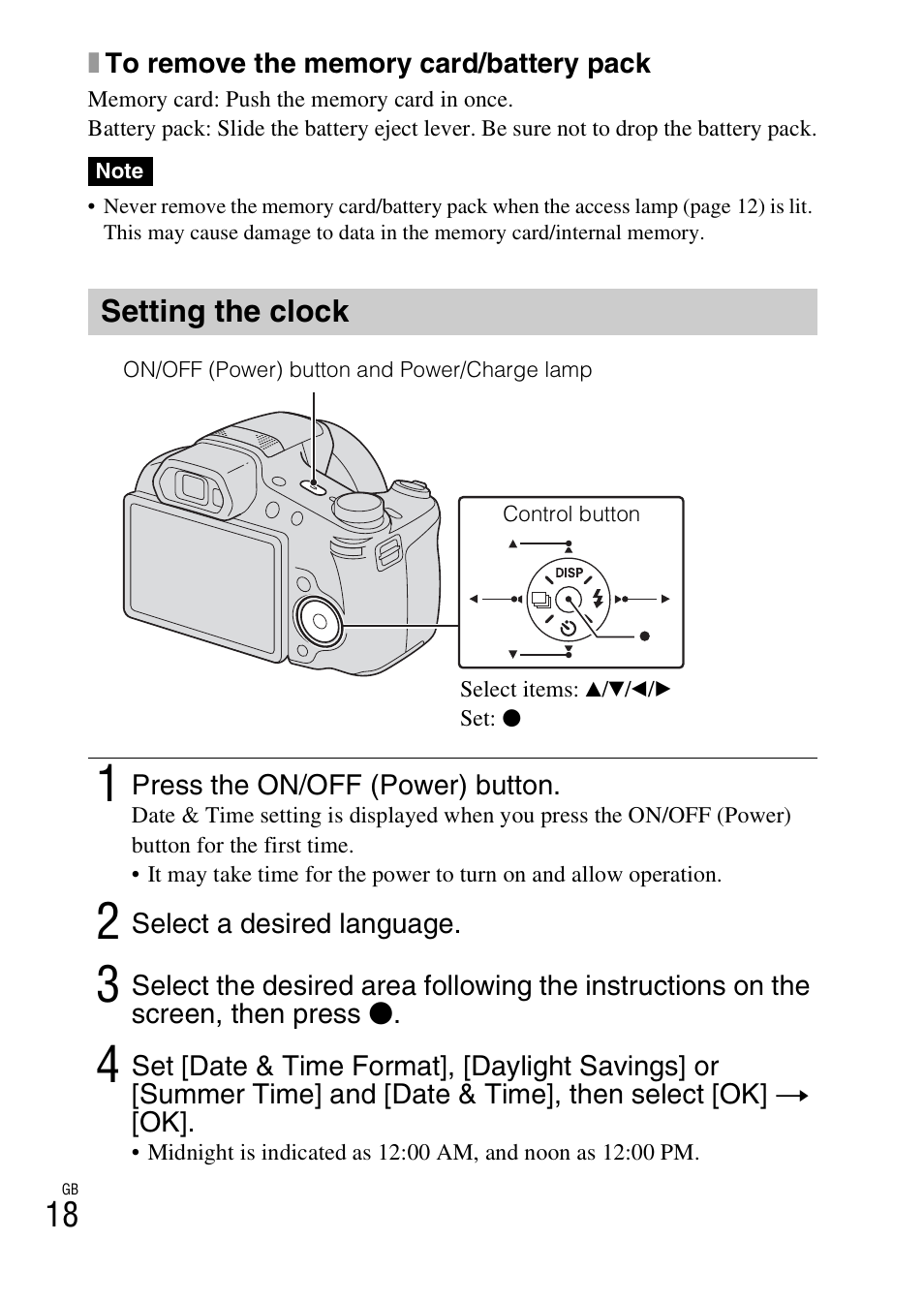 Setting the clock | Sony CYBER-SHOT AC-L200D User Manual | Page 18 / 64