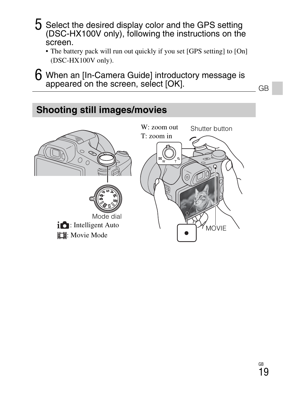Shooting still images/movies | Sony CYBER-SHOT AC-L200D User Manual | Page 19 / 64