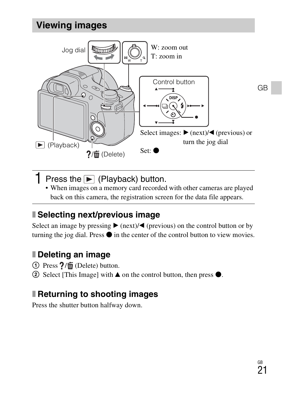 Viewing images | Sony CYBER-SHOT AC-L200D User Manual | Page 21 / 64