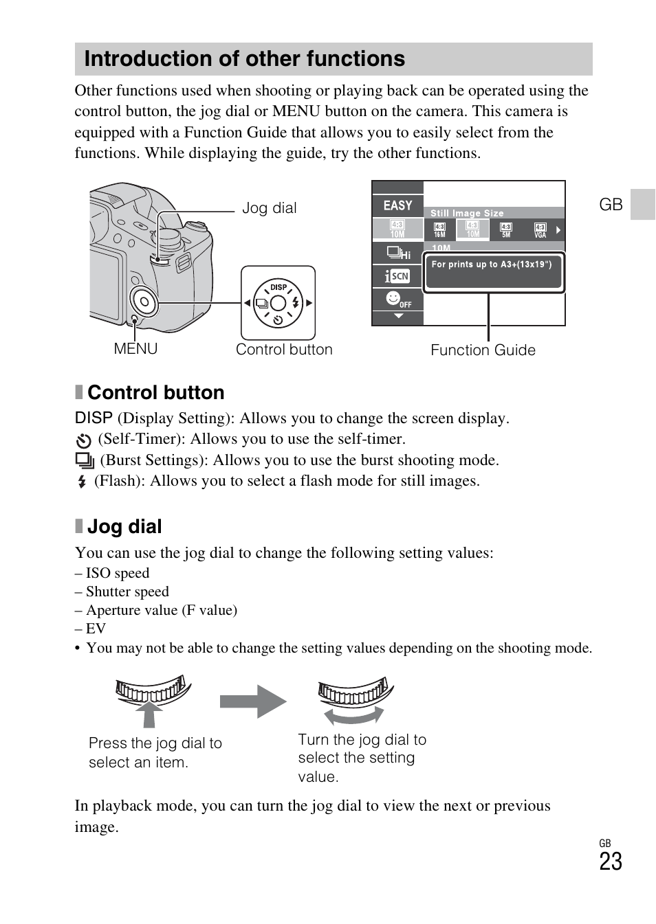 Introduction of other functions, Xcontrol button, Xjog dial | Sony CYBER-SHOT AC-L200D User Manual | Page 23 / 64