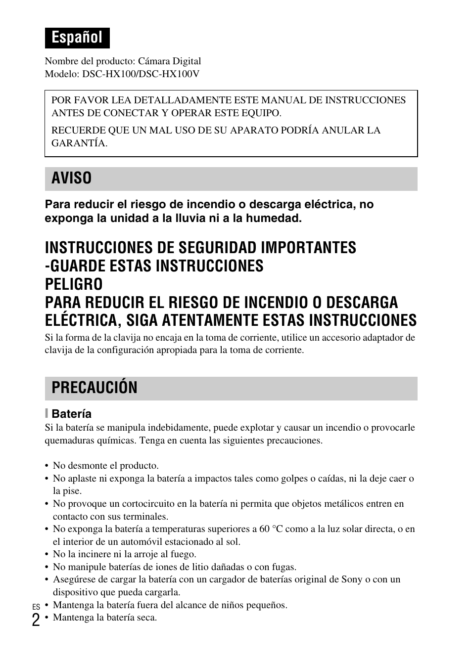 Español, Aviso precaución | Sony CYBER-SHOT AC-L200D User Manual | Page 34 / 64