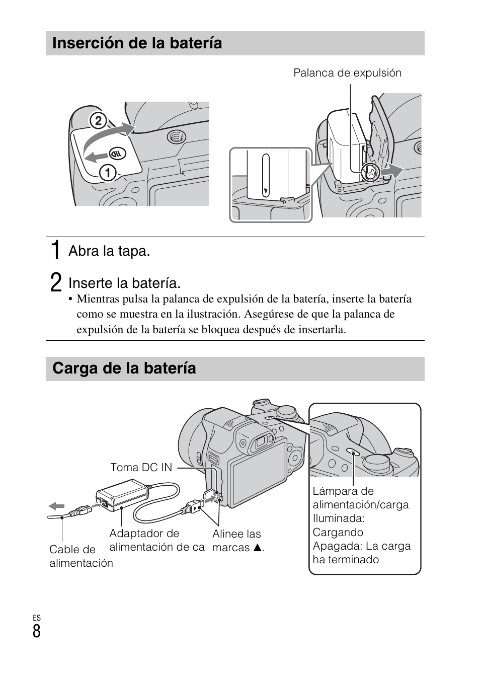 Inserción de la batería, Carga de la batería | Sony CYBER-SHOT AC-L200D User Manual | Page 40 / 64