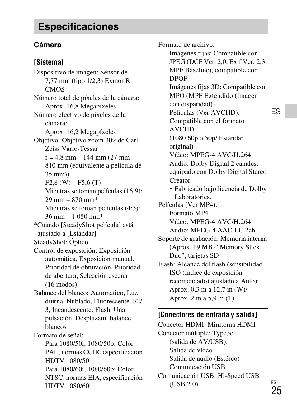 Especificaciones | Sony CYBER-SHOT AC-L200D User Manual | Page 57 / 64