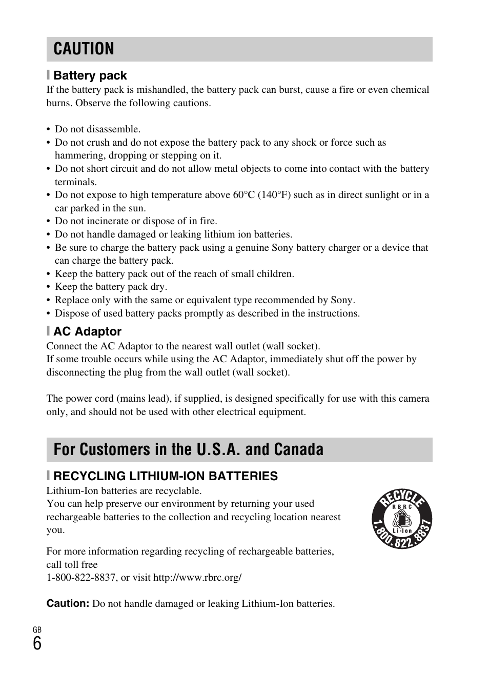 Caution for customers in the u.s.a. and canada | Sony CYBER-SHOT AC-L200D User Manual | Page 6 / 64