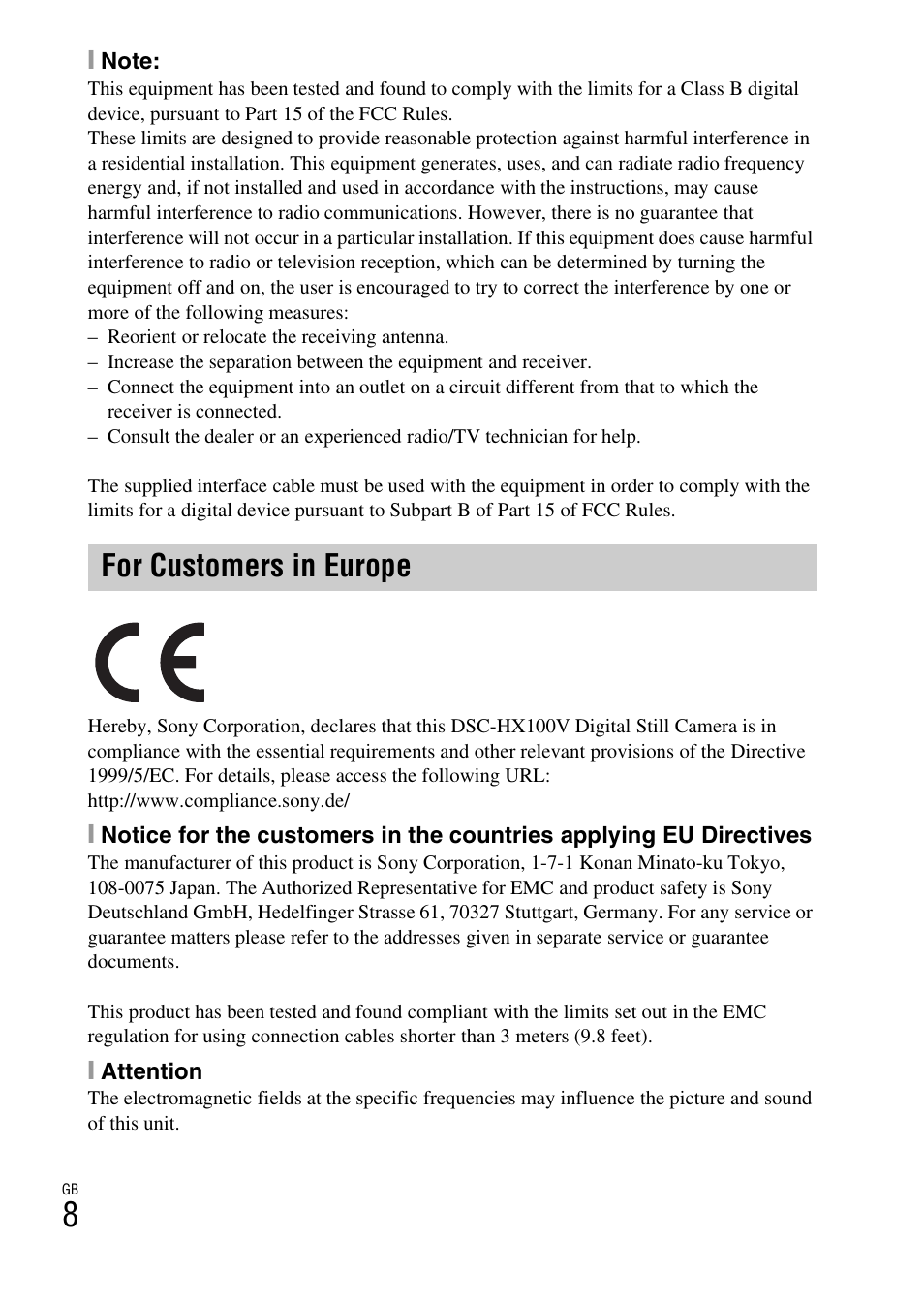 For customers in europe | Sony CYBER-SHOT AC-L200D User Manual | Page 8 / 64