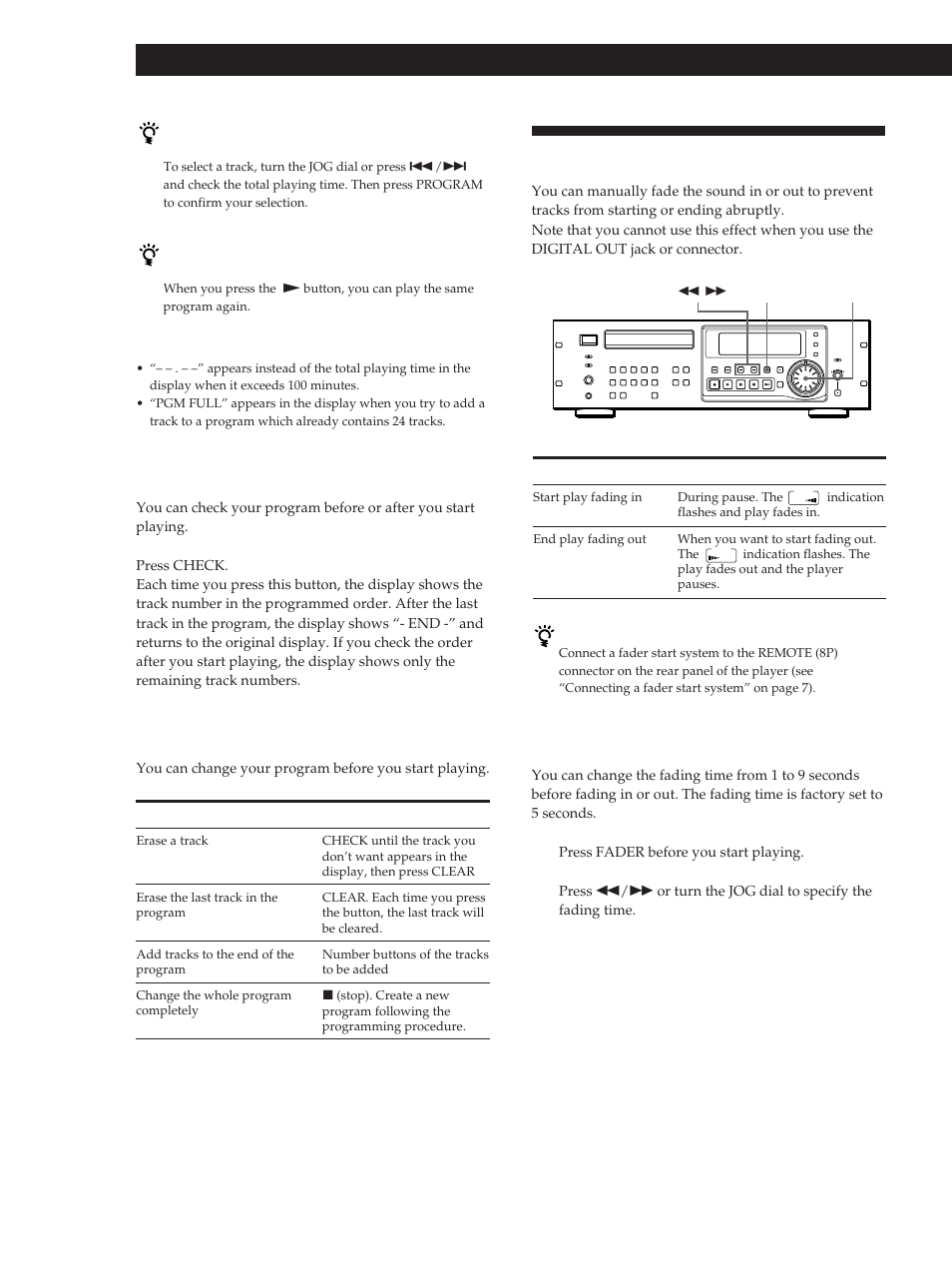 Fading in or out, Playing cds, Checking the track order | Changing the track order, Changing the fading time | Sony CDP-D500 User Manual | Page 12 / 68