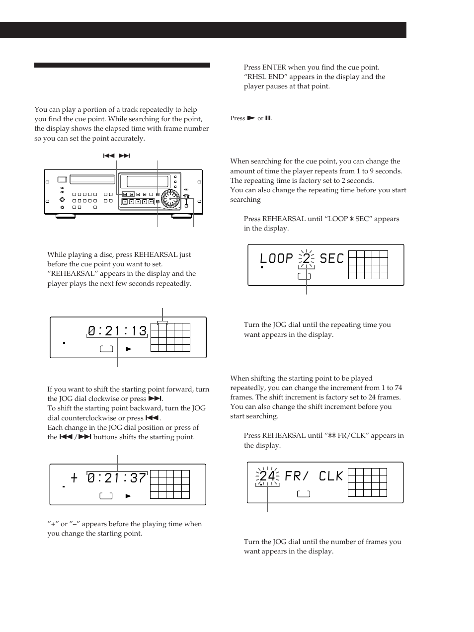 2 4 f r / c l k, Setting the cue point in a track (rehearsal), Playing cds | Changing the repeating time, Changing the shift increment | Sony CDP-D500 User Manual | Page 13 / 68