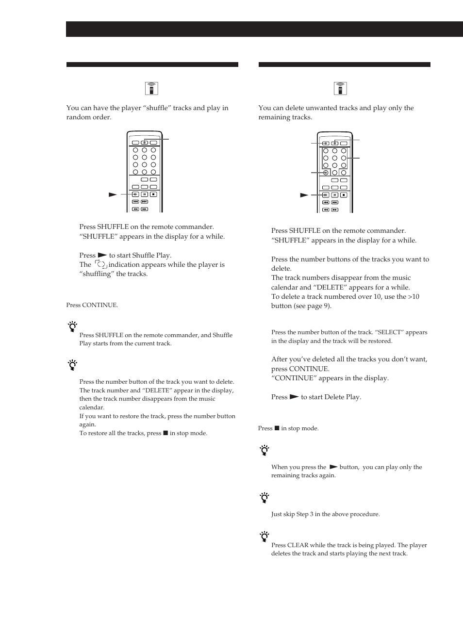 Playing in random order (shuffle play) z, Playing only specific tracks (delete play) z, Playing cds | Sony CDP-D500 User Manual | Page 16 / 68