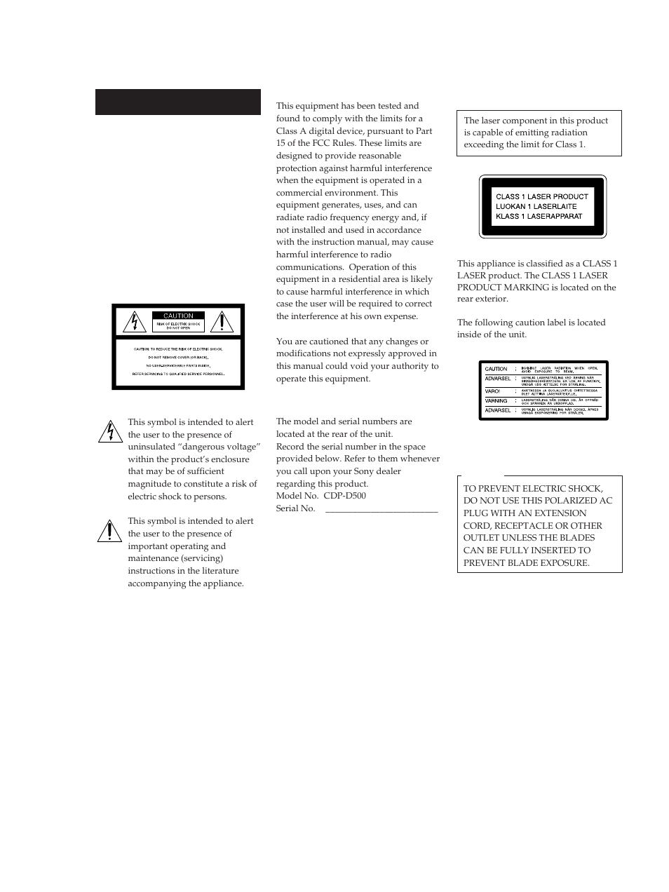 Warning | Sony CDP-D500 User Manual | Page 2 / 68