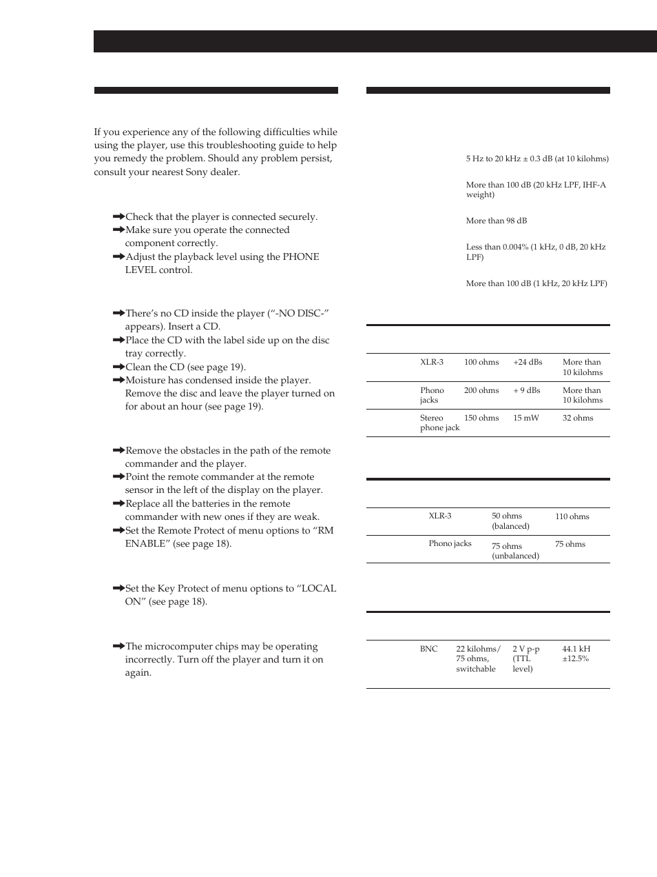 Troubleshooting, Specifications, Additional information | Sony CDP-D500 User Manual | Page 20 / 68