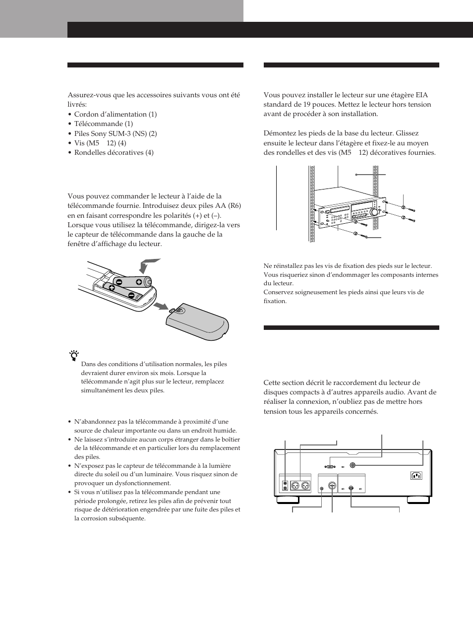 Déballage, Montage sur une étagère, Raccordement du système | Préparation, Installation des piles dans la télécommande, Présentation | Sony CDP-D500 User Manual | Page 26 / 68