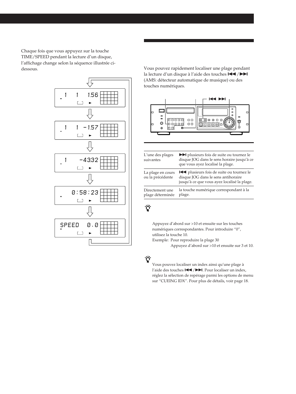 Localisation d’une plage déterminée, Lecture de disques compacts, Changement des informations affichées | Pour localiser, Appuyez sur, Vous pouvez localiser un index | Sony CDP-D500 User Manual | Page 31 / 68