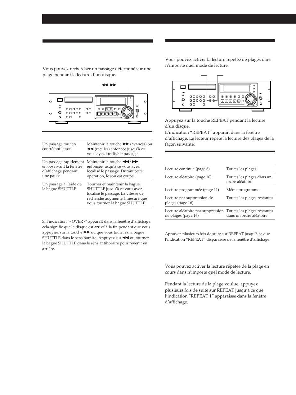 Localisation d’un passage sur une plage, Lecture de plages répétée, Lecture de disques compacts | Lecture répétée de la plage en cours | Sony CDP-D500 User Manual | Page 32 / 68
