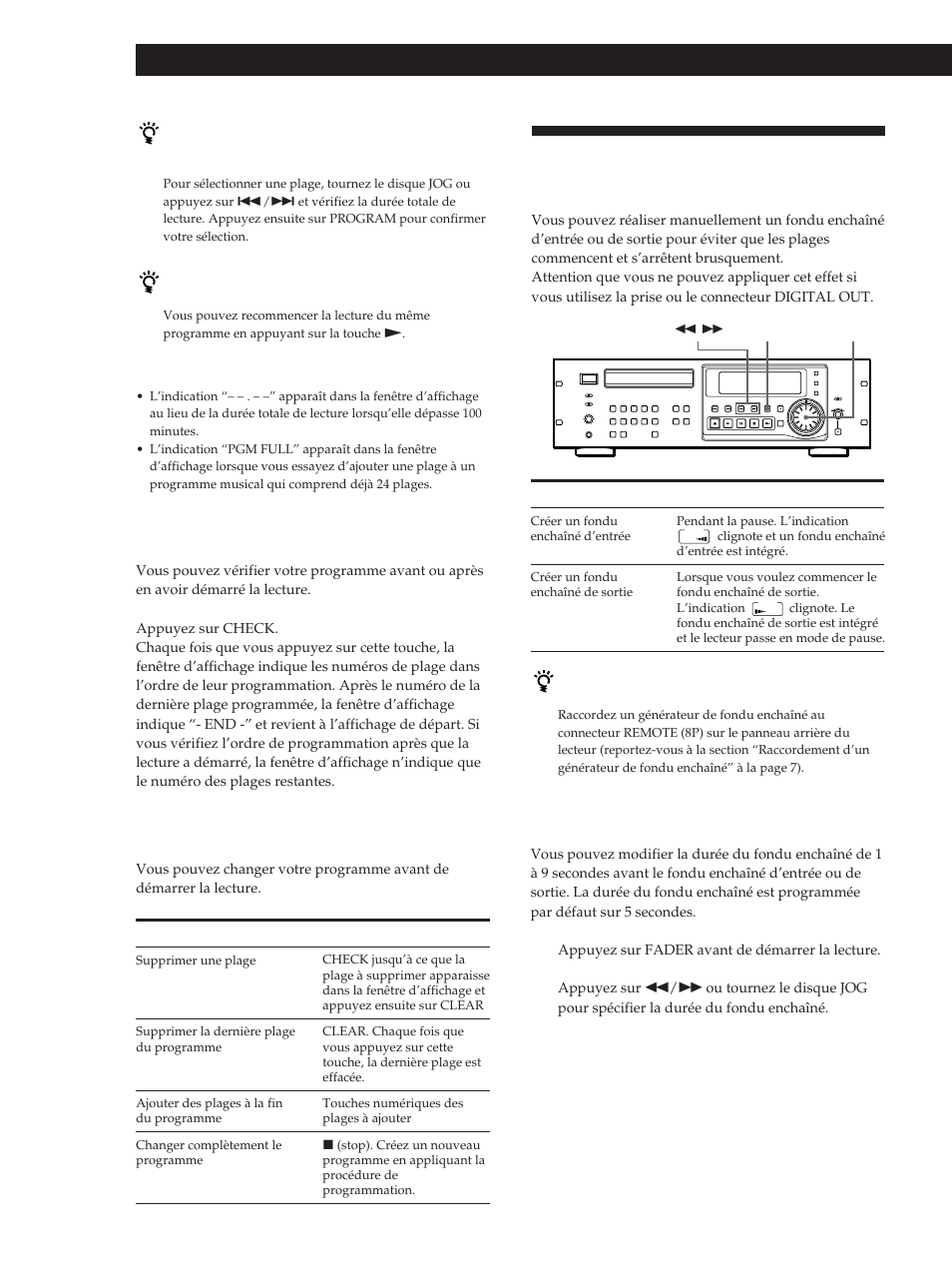 Fondu enchaîné d’entrée ou de sortie, Lecture de disques compacts, Vérification de l’ordre des plages | Modification de l’ordre des plages, Modification de la durée du fondu enchaîné | Sony CDP-D500 User Manual | Page 34 / 68